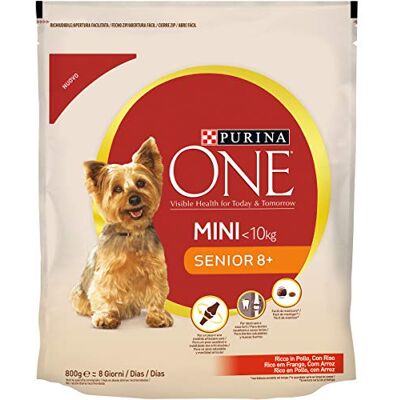PURINA ONE Mini, Senior 8+ kroketter äldre hundar mindre än 10 kg liten, rik på kyckling med ris, 8 förpackningar om 800 g PURINA ONE Mini, Senior 8+ kroketter äldre hundar mindre än 10 kg liten, rik på kyckling med ris, 8 förpackningar om 800 g