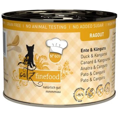 Catz finefood Ragout N° 607 känguru & anka kattmat våt – finmat, våtfoder för katter i sås utan spannmål och socker med hög kötthalt, 6 x 190 g burk Catz finefood Ragout N° 607 känguru & anka kattmat våt – finmat, våtfoder för katter i sås utan spannmål och socker med hög kötthalt, 6 x 190 g burk