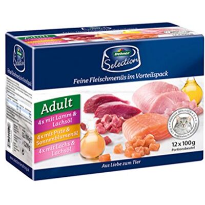 Dehner Premium kattmat multipack, våtfoder, för vuxna katter, 4 x lamm/kalkon/lax, 12 x 100 g påse (1,2 kg) Dehner Premium kattmat multipack, våtfoder, för vuxna katter, 4 x lamm/kalkon/lax, 12 x 100 g påse (1,2 kg)