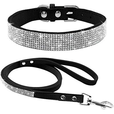 haoyueer Söt bländande glittrande elegant fint mjukt mocka läder bling strass kristall smyckat husdjur katt hund valp halsband hundkoppel kombo set (S, svart) haoyueer Söt bländande glittrande elegant fint mjukt mocka läder bling strass kristall smyckat husdjur katt hund valp halsband hundkoppel kombo set (S, svart)