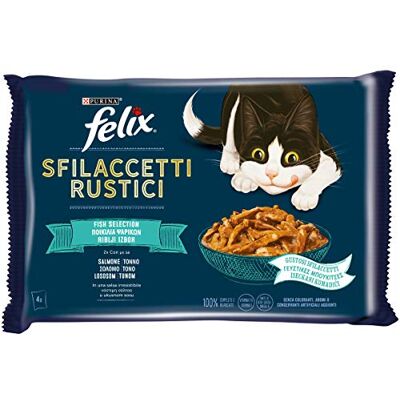 Felix Rustik Fish Selection Fuktig Katt med tonfisk, lax 48 kuvert 80 g vardera (12 förpackningar om 4 x 80 g) 4460 g Felix Rustik Fish Selection Fuktig Katt med tonfisk, lax 48 kuvert 80 g vardera (12 förpackningar om 4 x 80 g) 4460 g