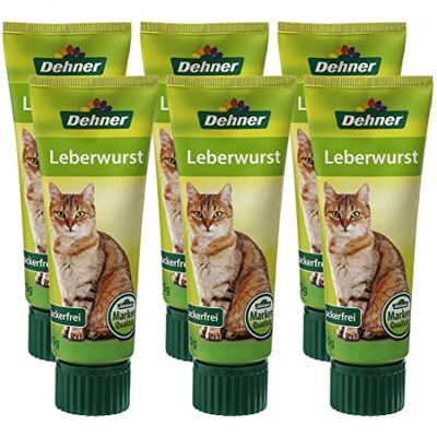 Dehner kattmellanmål, godis leverkorv sockerfri, livsmedelskvalitet, i tub, 6 x 75 g (450 g) Dehner kattmellanmål, godis leverkorv sockerfri, livsmedelskvalitet, i tub, 6 x 75 g (450 g)