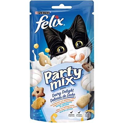 Felix Purina Party Mix Dairy Delight, mellanmål för katt med mjölk, yoghurt och ost, 8 påsar på 60 g Felix Purina Party Mix Dairy Delight, mellanmål för katt med mjölk, yoghurt och ost, 8 påsar på 60 g