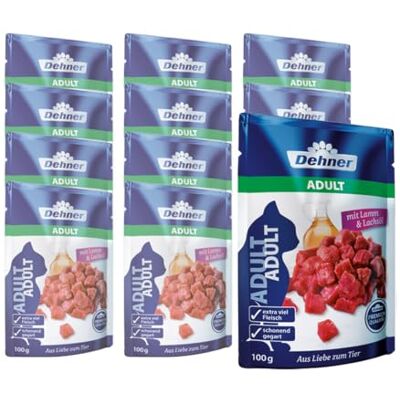 Dehner premium kattfoder vuxen, lamm och laxolja, i väskan, 12 x 100 g (1,2 kg) Dehner premium kattfoder vuxen, lamm och laxolja, i väskan, 12 x 100 g (1,2 kg)