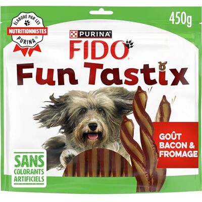 Fido FUNTASTIX Godis i pinnar Vuxen hund Rik på Omega 3 och 6, B-vitaminer och antioxidanter Smak Baconost Tillverkad i Frankrike Påse 450 g Fido FUNTASTIX Godis i pinnar Vuxen hund Rik på Omega 3 och 6, B-vitaminer och antioxidanter Smak Baconost Tillverkad i Frankrike Påse 450 g