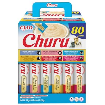 INABA Churu krämig kattsnacks i 6 tonfisksorter 80 pinnar x 14 g kattmat, hälsosam och utsökt kattsnacks utan konserveringsmedel eller konstgjorda färgämnen, Grain-Free INABA Churu krämig kattsnacks i 6 tonfisksorter 80 pinnar x 14 g kattmat, hälsosam och utsökt kattsnacks utan konserveringsmedel eller konstgjorda färgämnen, Grain-Free