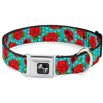 Buckle-Down Buckle Down 11–43,2 cm röda rosor/prickar turkos benformad hundhalsband, medium Buckle-Down Buckle Down 11–43,2 cm röda rosor/prickar turkos benformad hundhalsband, medium