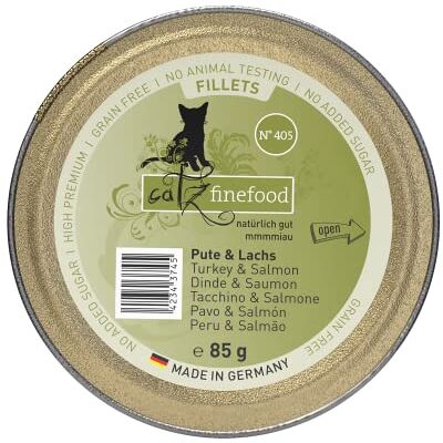 Catz finefood kattfoder våta fina filéer nr. 405 kalkon och lax i gelé – spannmålsfritt våtfoder för din katt utan socker – våtfoder för katt från finaste i gelé, 85 g (förpackning med 12) Catz finefood kattfoder våta fina filéer nr. 405 kalkon och lax i gelé – spannmålsfritt våtfoder för din katt utan socker – våtfoder för katt från finaste i gelé, 85 g (förpackning med 12)