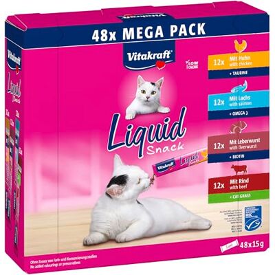 Vitakraft Flytande mellanmål för katter, kattgodis i megapack, krämig konsistens, med nötkött, med kyckling, med lax, 1 förpackning (48 x 15 g) Vitakraft Flytande mellanmål för katter, kattgodis i megapack, krämig konsistens, med nötkött, med kyckling, med lax, 1 förpackning (48 x 15 g)