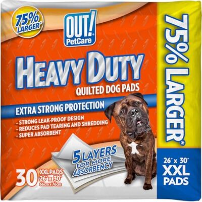 OUT! Yttre material: Heavy Duty XXL hunddynor – absorberande husdjursträning och valpdynor – 66 x 76 cm – 30 stycken, vit OUT! Yttre material: Heavy Duty XXL hunddynor – absorberande husdjursträning och valpdynor – 66 x 76 cm – 30 stycken, vit