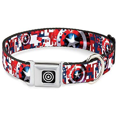 Buckle-Down Hundhalsband säkerhetsbälte spänne Captain America sköld digital kamouflage blå vit röd 45 till 81 cm 45 cm bred Buckle-Down Hundhalsband säkerhetsbälte spänne Captain America sköld digital kamouflage blå vit röd 45 till 81 cm 45 cm bred