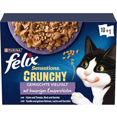 Felix Sensations Crunchy kattfoder våt i gelé, blandade sorter, förpackning med 6 (6 x 10 påsar med 85 g) Felix Sensations Crunchy kattfoder våt i gelé, blandade sorter, förpackning med 6 (6 x 10 påsar med 85 g)