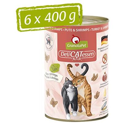 GranataPet Våtfoder Delicatessen kalkon och räkor, 6 x 400 g, för katter, kattmat för finsmakare, foder utan spannmål och utan sockertillsatser GranataPet Våtfoder Delicatessen kalkon och räkor, 6 x 400 g, för katter, kattmat för finsmakare, foder utan spannmål och utan sockertillsatser