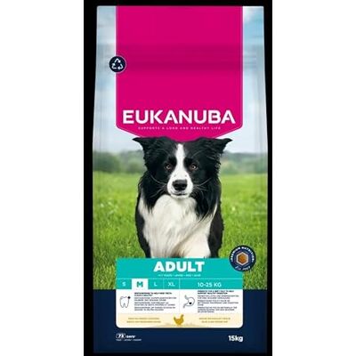 Eukanuba Life Care Mellanfoder för vuxna hundar 1 till 7 år, rik på färsk kyckling, behåller optimal vikt, L-karnitin, Omega 3&6, FOS, utan färgämnen, konstgjorda smaker eller GMO 15 kg Eukanuba Life Care Mellanfoder för vuxna hundar 1 till 7 år, rik på färsk kyckling, behåller optimal vikt, L-karnitin, Omega 3&6, FOS, utan färgämnen, konstgjorda smaker eller GMO 15 kg