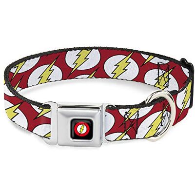 Buckle-Down Hundhalsband säkerhetsbältesspänne flash-logotyp utspridd röd vit gul 23 till 38 cm 2,5 cm bred Buckle-Down Hundhalsband säkerhetsbältesspänne flash-logotyp utspridd röd vit gul 23 till 38 cm 2,5 cm bred