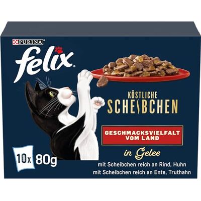 Felix Läckra skivor kattmat våt i gelé, olika smaker från landet, förpackning med 6 (6 x 10 påsar med 80 g) Felix Läckra skivor kattmat våt i gelé, olika smaker från landet, förpackning med 6 (6 x 10 påsar med 80 g)