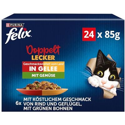 Felix Så gott som det ser dubbelt läckra kattfoder våt i gelé, blandade sorter, 4-pack (4 x 24 påsar med 85 g) Felix Så gott som det ser dubbelt läckra kattfoder våt i gelé, blandade sorter, 4-pack (4 x 24 påsar med 85 g)