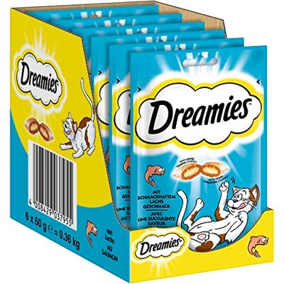 Dreamies klassiska kattsnacks med lax – drömlikt krispiga påsar med delikat fyllning – 6 x 60 g Dreamies klassiska kattsnacks med lax – drömlikt krispiga påsar med delikat fyllning – 6 x 60 g