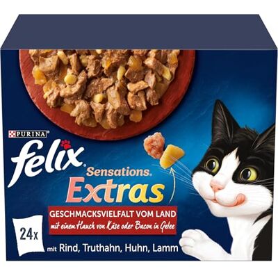 Felix Sensations Extras kattfoder våt i gelé, blandade sorter, 4-pack (4 x 24 påsar med 85 g) Felix Sensations Extras kattfoder våt i gelé, blandade sorter, 4-pack (4 x 24 påsar med 85 g)