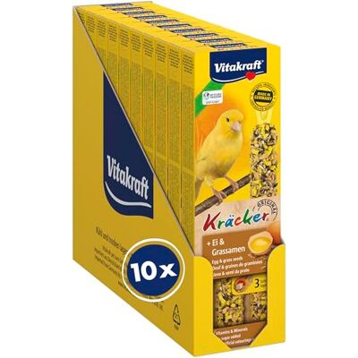 Vitakraft Kräcker, snacks för kanariefåglar, med ägg och gräsfrön, med vitaminer och mineraler, för långt gobbernöje, utan tillsats av socker (10 x 54 g) Vitakraft Kräcker, snacks för kanariefåglar, med ägg och gräsfrön, med vitaminer och mineraler, för långt gobbernöje, utan tillsats av socker (10 x 54 g)