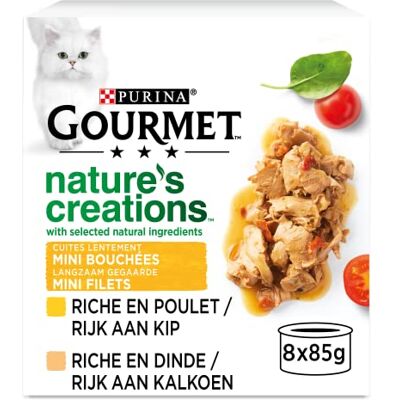 Gourmet Nature'S Creations, katt, minibitar, spenat och tomatfyllning, kalkonfyllning av spenat och palsternacka, 8 x 85 g, set med 12 Gourmet Nature'S Creations, katt, minibitar, spenat och tomatfyllning, kalkonfyllning av spenat och palsternacka, 8 x 85 g, set med 12