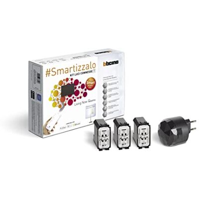 Bticino , Smart Living Now Lights Kit SKG3601KIT, för att slå på/av lampor via appen eller med Alexa, Google och Siri, med 1 Gateway Plug-in Svart S36GWGC och 3 anslutna avledare K4003C Bticino , Smart Living Now Lights Kit SKG3601KIT, för att slå på/av lampor via appen eller med Alexa, Google och Siri, med 1 Gateway Plug-in Svart S36GWGC och 3 anslutna avledare K4003C