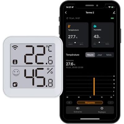 Konyks Termo 2, wifi-ansluten hygrometertermometer, stor skärm, fjärrspel, utlöser andra enheter enligt mätningar, Alexa och Google Home-kompatibel Konyks Termo 2, wifi-ansluten hygrometertermometer, stor skärm, fjärrspel, utlöser andra enheter enligt mätningar, Alexa och Google Home-kompatibel