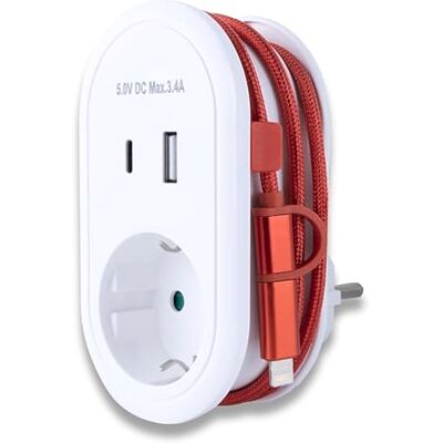 REV USB-laddare Combi – 4-i-1 uttagsadapter med USB-A och USB C-kontakt, inkl. 60 cm laddningskabel med USB-C & Lightning, uttag 230 V, vit REV USB-laddare Combi – 4-i-1 uttagsadapter med USB-A och USB C-kontakt, inkl. 60 cm laddningskabel med USB-C & Lightning, uttag 230 V, vit
