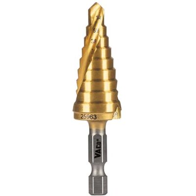 KLEIN TOOLS 25963 stegborrbit, 1/4 till 3/4-tums, spiraldubbelräfflad, skär tunn metall, plast, aluminium, trä, 1/4-tums hexskaft, VACO KLEIN TOOLS 25963 stegborrbit, 1/4 till 3/4-tums, spiraldubbelräfflad, skär tunn metall, plast, aluminium, trä, 1/4-tums hexskaft, VACO