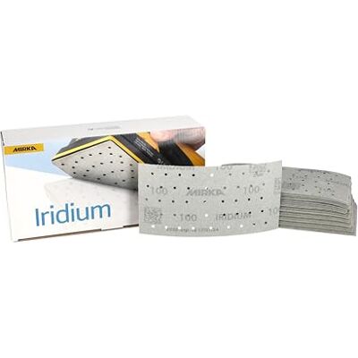 Mirka Iridium Premium sandpapper 93x180mm / Kardborreband / 45-hål/korn 100/50 st/För slipning av lack, spackel, grundfärg, trä, stål, mineraliska material, plast Mirka Iridium Premium sandpapper 93x180mm / Kardborreband / 45-hål/korn 100/50 st/För slipning av lack, spackel, grundfärg, trä, stål, mineraliska material, plast