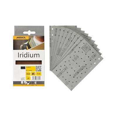 Mirka Iridium Premium sandpapper 81x133mm / Kardborreband / 54-hål/korn 180/10 st/För slipning av lack, spackel, grundfärg, trä, stål, mineraliska material, plast Mirka Iridium Premium sandpapper 81x133mm / Kardborreband / 54-hål/korn 180/10 st/För slipning av lack, spackel, grundfärg, trä, stål, mineraliska material, plast