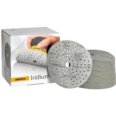 Mirka Iridium Premium sandpapper Ø 150mm / kardborreband / 121-hål/korn 150/100 st/För slipning av lack, spackel, primer, trä, stål, mineraliska material, plast Mirka Iridium Premium sandpapper Ø 150mm / kardborreband / 121-hål/korn 150/100 st/För slipning av lack, spackel, primer, trä, stål, mineraliska material, plast