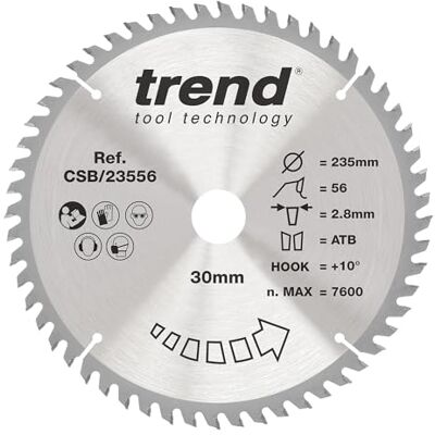 TREND Wood cirkelsågblad, 235 mm diameter, 30 mm borrning, 56 tänder, 2,8 mm skärfog, +10° krok, TCT, extra fin yta, CSB/23556 TREND Wood cirkelsågblad, 235 mm diameter, 30 mm borrning, 56 tänder, 2,8 mm skärfog, +10° krok, TCT, extra fin yta, CSB/23556