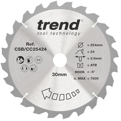 TREND Wood geringssågblad, diameter 254 mm, 30 mm borrning, 24 tänder, sågdrag 3 mm, krok -5°, TCT, grov finish, CSB/CC25424 TREND Wood geringssågblad, diameter 254 mm, 30 mm borrning, 24 tänder, sågdrag 3 mm, krok -5°, TCT, grov finish, CSB/CC25424
