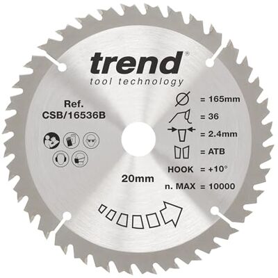 TREND Wood cirkelsågblad, 165 mm diameter, 20 mm borrning, 36 tänder, 2,4 mm skärfog, +10° krok, TCT, medelyta, CSB/16536B TREND Wood cirkelsågblad, 165 mm diameter, 20 mm borrning, 36 tänder, 2,4 mm skärfog, +10° krok, TCT, medelyta, CSB/16536B