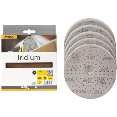 Mirka Iridium Premium sandpapper Ø 150mm / kardborreband / 121-hål/korn 240/10 st/För slipning av lack, spackel, primer, trä, stål, mineraliska material, plast Mirka Iridium Premium sandpapper Ø 150mm / kardborreband / 121-hål/korn 240/10 st/För slipning av lack, spackel, primer, trä, stål, mineraliska material, plast