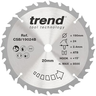 TREND Wood cirkelsågblad, 190 mm diameter, 20 mm borrning, 24 tänder, 2,4 mm skärfog, +15° krok, TCT, medelyta, CSB/19024B TREND Wood cirkelsågblad, 190 mm diameter, 20 mm borrning, 24 tänder, 2,4 mm skärfog, +15° krok, TCT, medelyta, CSB/19024B