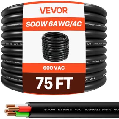VEVOR 22,86 m 6 AWG bärbar strömkabel (4 ledare), högpresterande 600 V tråd, elektrisk kabel av industriell kvalitet, premium CPE-gummirock, kopparförlängningskabel för svetsmaskin VEVOR 22,86 m 6 AWG bärbar strömkabel (4 ledare), högpresterande 600 V tråd, elektrisk kabel av industriell kvalitet, premium CPE-gummirock, kopparförlängningskabel för svetsmaskin