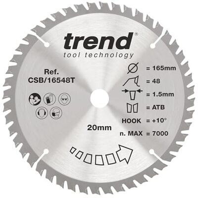 TREND Wood sladdlös cirkelsågblad, 165 mm diameter, 20 mm borrning, 48 tänder, 1,5 mm skärfog, +10° krok, TCT, fin yta, CSB/16548T TREND Wood sladdlös cirkelsågblad, 165 mm diameter, 20 mm borrning, 48 tänder, 1,5 mm skärfog, +10° krok, TCT, fin yta, CSB/16548T