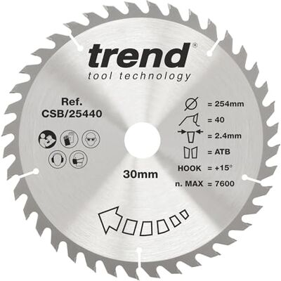 TREND Wood cirkelsågblad, 254 mm diameter, 30 mm borrning, 40 tänder, 2,4 mm skärfog, +15° krok, TCT, medelyta, CSB/25440 TREND Wood cirkelsågblad, 254 mm diameter, 30 mm borrning, 40 tänder, 2,4 mm skärfog, +15° krok, TCT, medelyta, CSB/25440