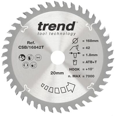 TREND Wood sladdlös cirkelsågblad, 168 mm diameter, 20 mm borrning, 42 tänder, 1,8 mm skärfog, +10° krok, TCT, fin yta, CSB/16842T TREND Wood sladdlös cirkelsågblad, 168 mm diameter, 20 mm borrning, 42 tänder, 1,8 mm skärfog, +10° krok, TCT, fin yta, CSB/16842T