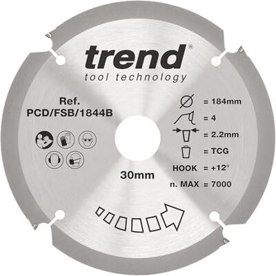 TREND cirkelsågblad av PKD-fibercement, 184 mm diameter, 30 mm borrning, 4 tänder, 2,2 mm skärfog, +12° krok, PKD, grov yta, PCD/FSB/1844B TREND cirkelsågblad av PKD-fibercement, 184 mm diameter, 30 mm borrning, 4 tänder, 2,2 mm skärfog, +12° krok, PKD, grov yta, PCD/FSB/1844B