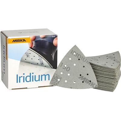 Mirka Iridium Premium sandpapper för hörnslipmaskiner 93x93x93mm / Kardborreband / 15-hål/korn 180/50 st/För slipning av lack, spackel, grundfärg, trä, stål, mineraliska material, plast Mirka Iridium Premium sandpapper för hörnslipmaskiner 93x93x93mm / Kardborreband / 15-hål/korn 180/50 st/För slipning av lack, spackel, grundfärg, trä, stål, mineraliska material, plast