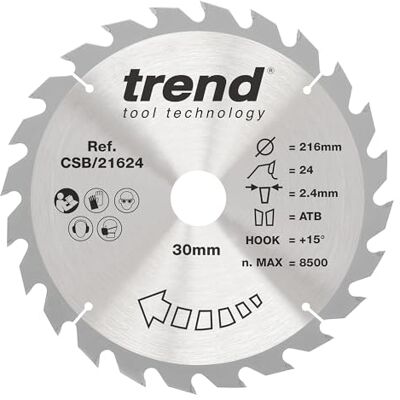 TREND Wood cirkelsågblad, 216 mm diameter, 30 mm borrning, 24 tänder, 2,4 mm skärfog, +15° krok, TCT, grov yta, CSB/21624 TREND Wood cirkelsågblad, 216 mm diameter, 30 mm borrning, 24 tänder, 2,4 mm skärfog, +15° krok, TCT, grov yta, CSB/21624