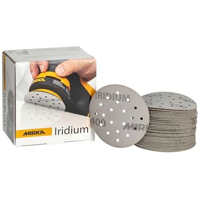 Mirka Iridium Premium sandpapper Ø 77mm / 20-hål/Kardborreband/korn 400/50 st/För slipning av lack, spackel, grundfärg, trä, stål, mineraliska material, plast Mirka Iridium Premium sandpapper Ø 77mm / 20-hål/Kardborreband/korn 400/50 st/För slipning av lack, spackel, grundfärg, trä, stål, mineraliska material, plast