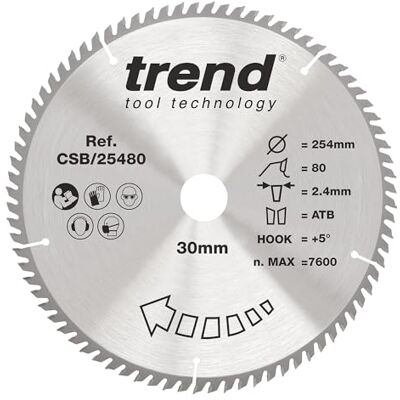 TREND Wood cirkelsågblad, 254 mm diameter, 30 mm borrning, 80 tänder, 2,4 mm skärfog, +5° krok, TCT, extra fin yta, CSB/25480 TREND Wood cirkelsågblad, 254 mm diameter, 30 mm borrning, 80 tänder, 2,4 mm skärfog, +5° krok, TCT, extra fin yta, CSB/25480
