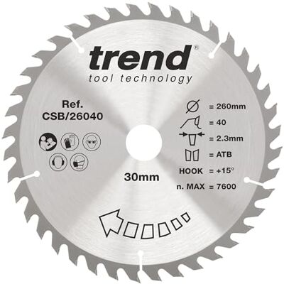 TREND Wood cirkelsågblad, 260 mm diameter, 30 mm borrning, 40 tänder, 2,3 mm skärfog, +15° krok, TCT, medelyta, CSB/26040 TREND Wood cirkelsågblad, 260 mm diameter, 30 mm borrning, 40 tänder, 2,3 mm skärfog, +15° krok, TCT, medelyta, CSB/26040