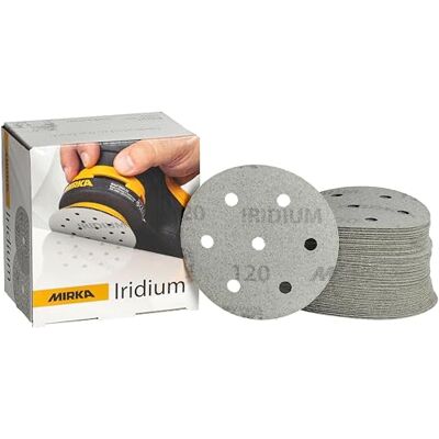 Mirka Iridium Premium sandpapper Ø 90mm / Kardborreband / 7-hål/korn 120/50 st/För slipning av lack, spackel, grundfärg, trä, stål, mineraliska material, plast Mirka Iridium Premium sandpapper Ø 90mm / Kardborreband / 7-hål/korn 120/50 st/För slipning av lack, spackel, grundfärg, trä, stål, mineraliska material, plast