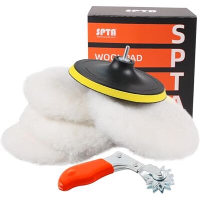 SPTA 150 mm (6 tum) polermaskin/buffert mjuk ull hättdyna, 6 st kit med krok och ögla M14 trådborradapter för bilpolerare, polering och polering av SPTA 150 mm (6 tum) polermaskin/buffert mjuk ull hättdyna, 6 st kit med krok och ögla M14 trådborradapter för bilpolerare, polering och polering av