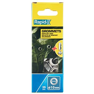Rapid Snabbt ögleset 10 mm med skivor, 25 st. inklusive slagverktyg, för presenning och tyger, silverfärgat stål Rapid Snabbt ögleset 10 mm med skivor, 25 st. inklusive slagverktyg, för presenning och tyger, silverfärgat stål